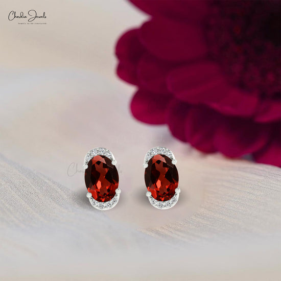 Load image into Gallery viewer, Natural Garnet Gemstone 14K Solid Gold White Diamond Half Halo Stud Earrings
