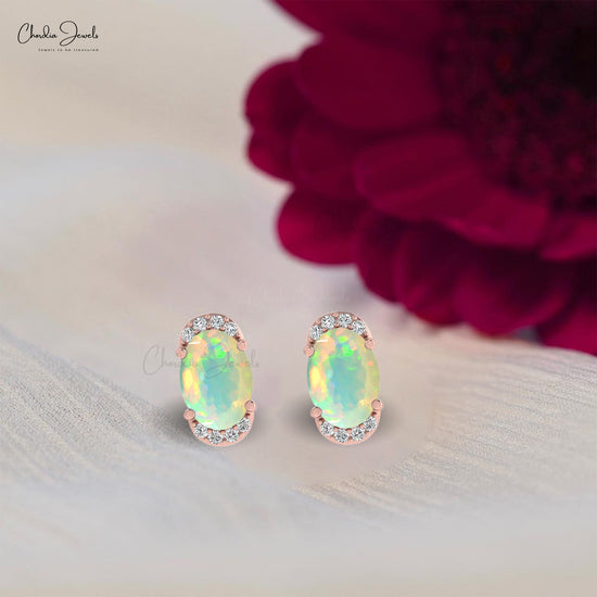 Load image into Gallery viewer, Natural October Birthstone Opal &amp;amp; Real Dimond Half Halo Earrings In 14K Gold For Gift

