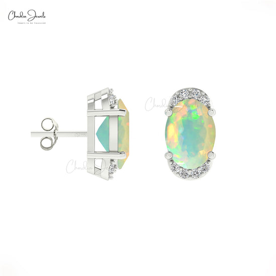 Natural October Birthstone Opal & Real Dimond Half Halo Earrings In 14K Gold For Gift