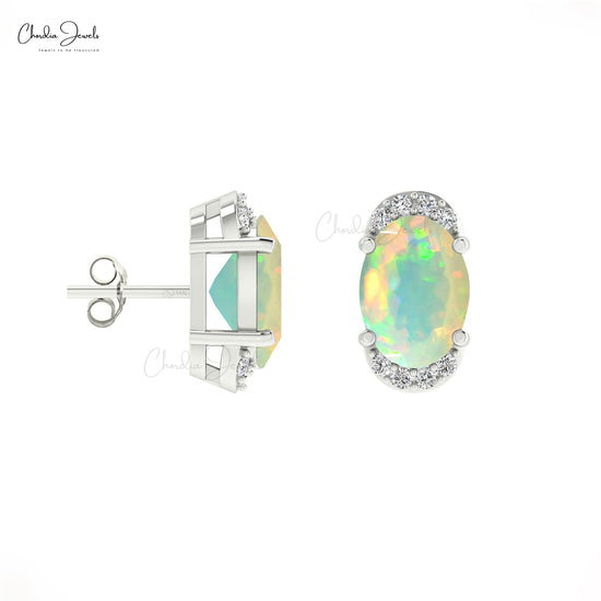 Load image into Gallery viewer, Natural October Birthstone Opal &amp;amp; Real Dimond Half Halo Earrings In 14K Gold For Gift
