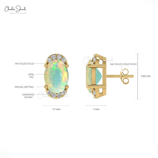 Natural October Birthstone Opal & Real Dimond Half Halo Earrings In 14K Gold For Gift