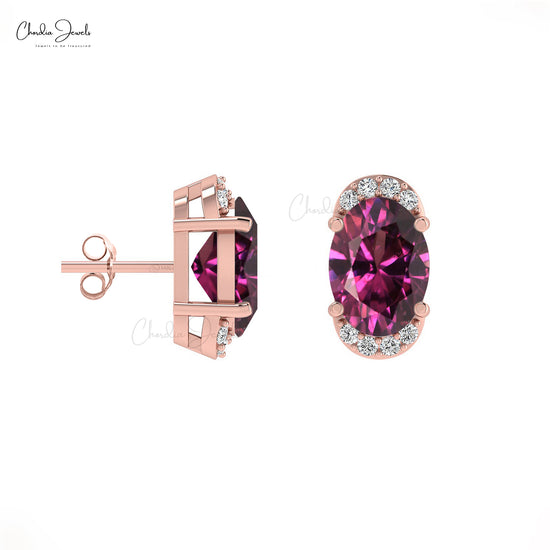 High Quality Rhodolite Garnet 14K Gold Half Halo Stud Earrings with Round Cut Diamond