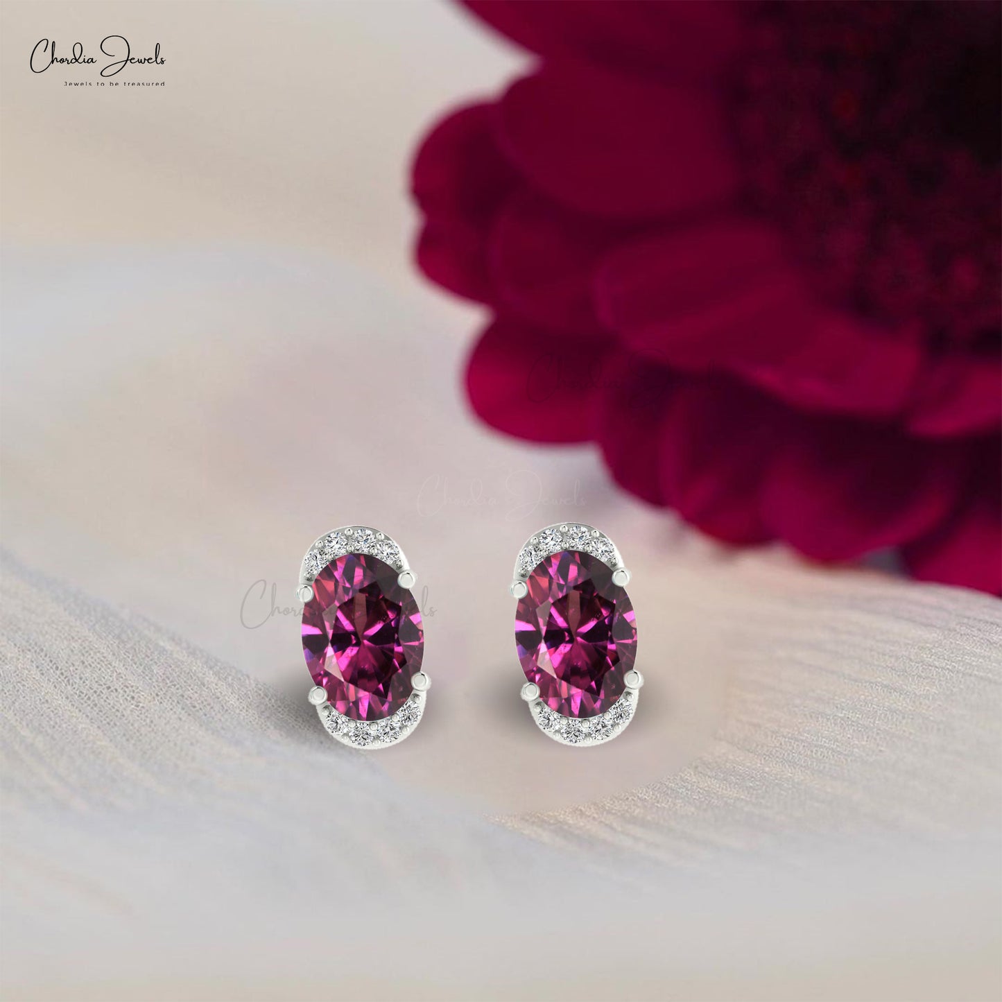 High Quality Rhodolite Garnet 14K Gold Half Halo Stud Earrings with Round Cut Diamond