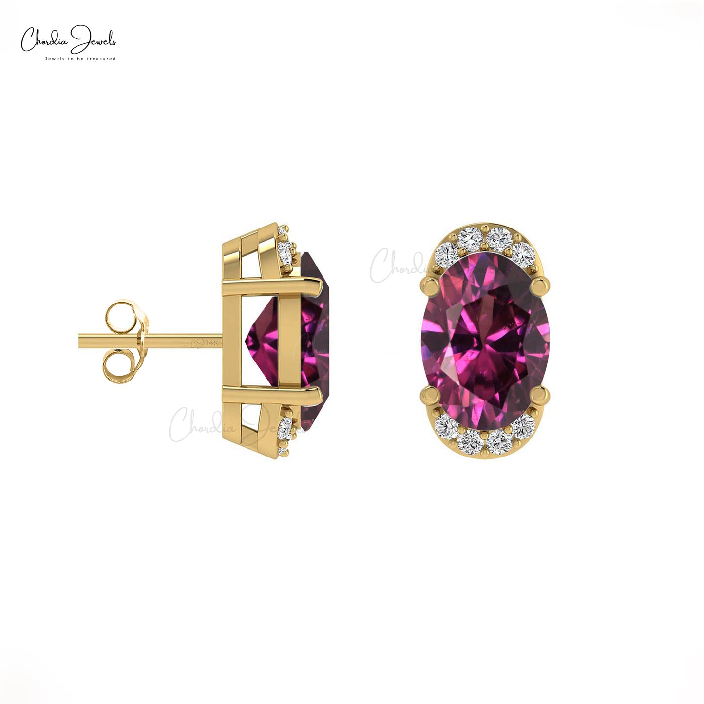 High Quality Rhodolite Garnet 14K Gold Half Halo Stud Earrings with Round Cut Diamond