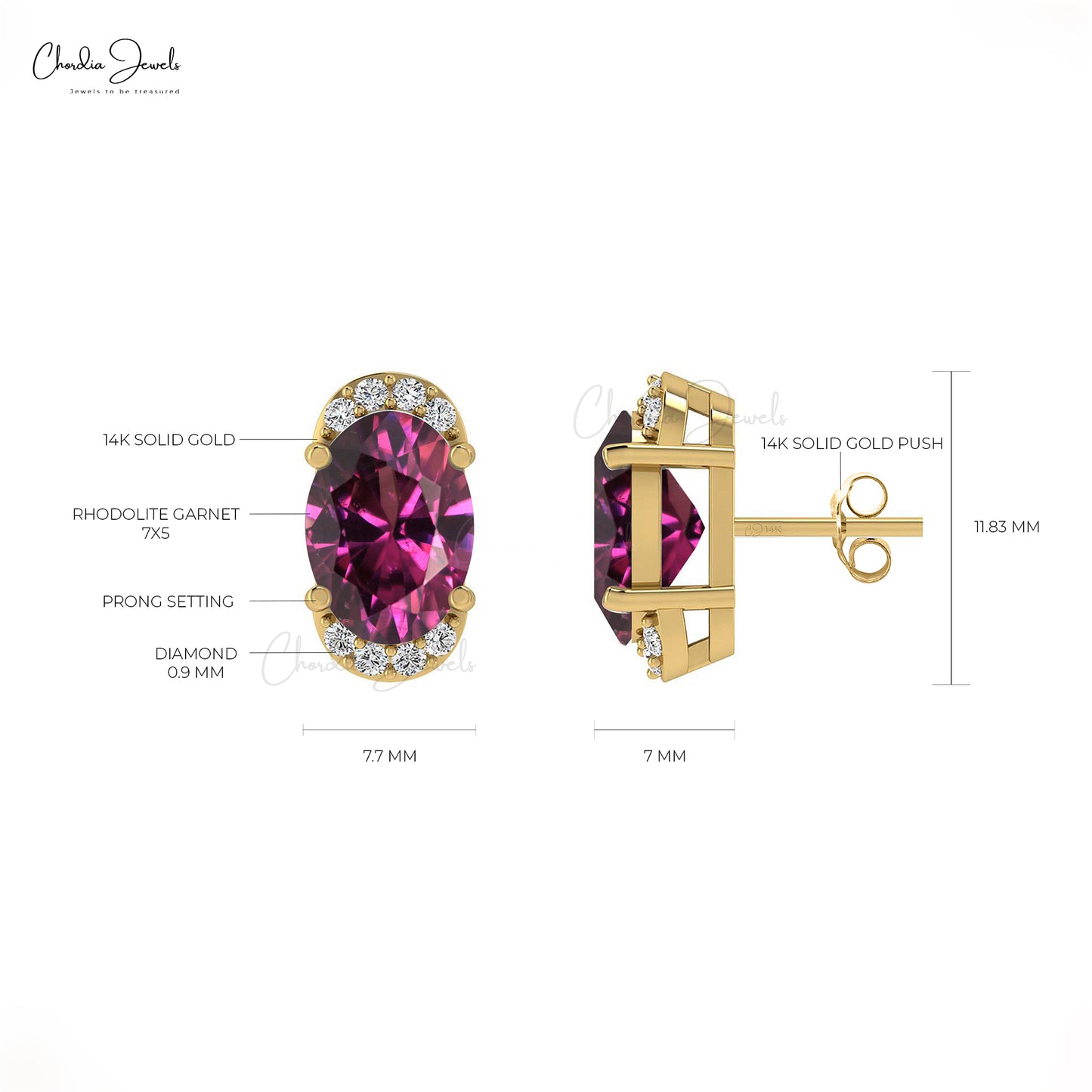 High Quality Rhodolite Garnet 14K Gold Half Halo Stud Earrings with Round Cut Diamond