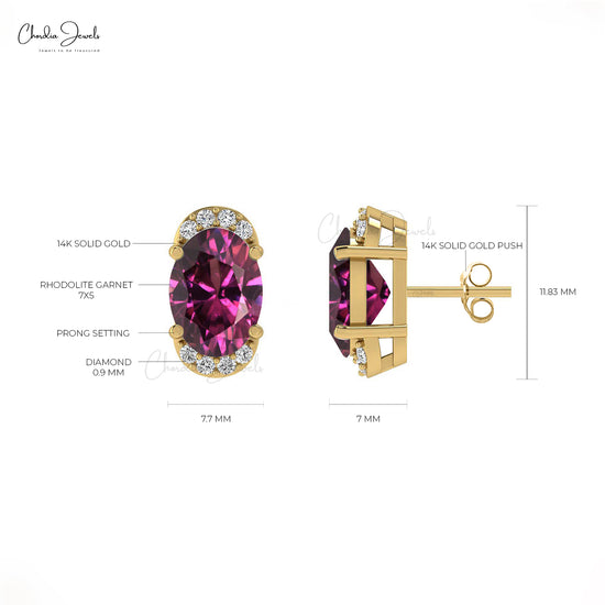 High Quality Rhodolite Garnet 14K Gold Half Halo Stud Earrings with Round Cut Diamond