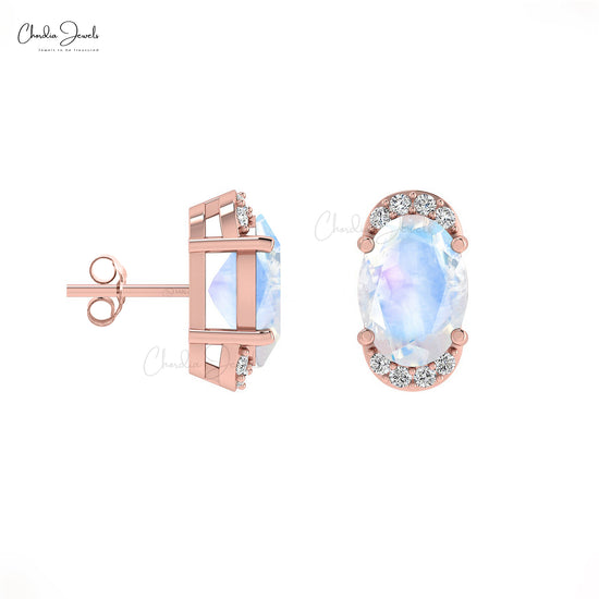 AAA Quality June Birthstone Rainbow Moonstone 14K Gold Diamond Half Halo Stud Earrings