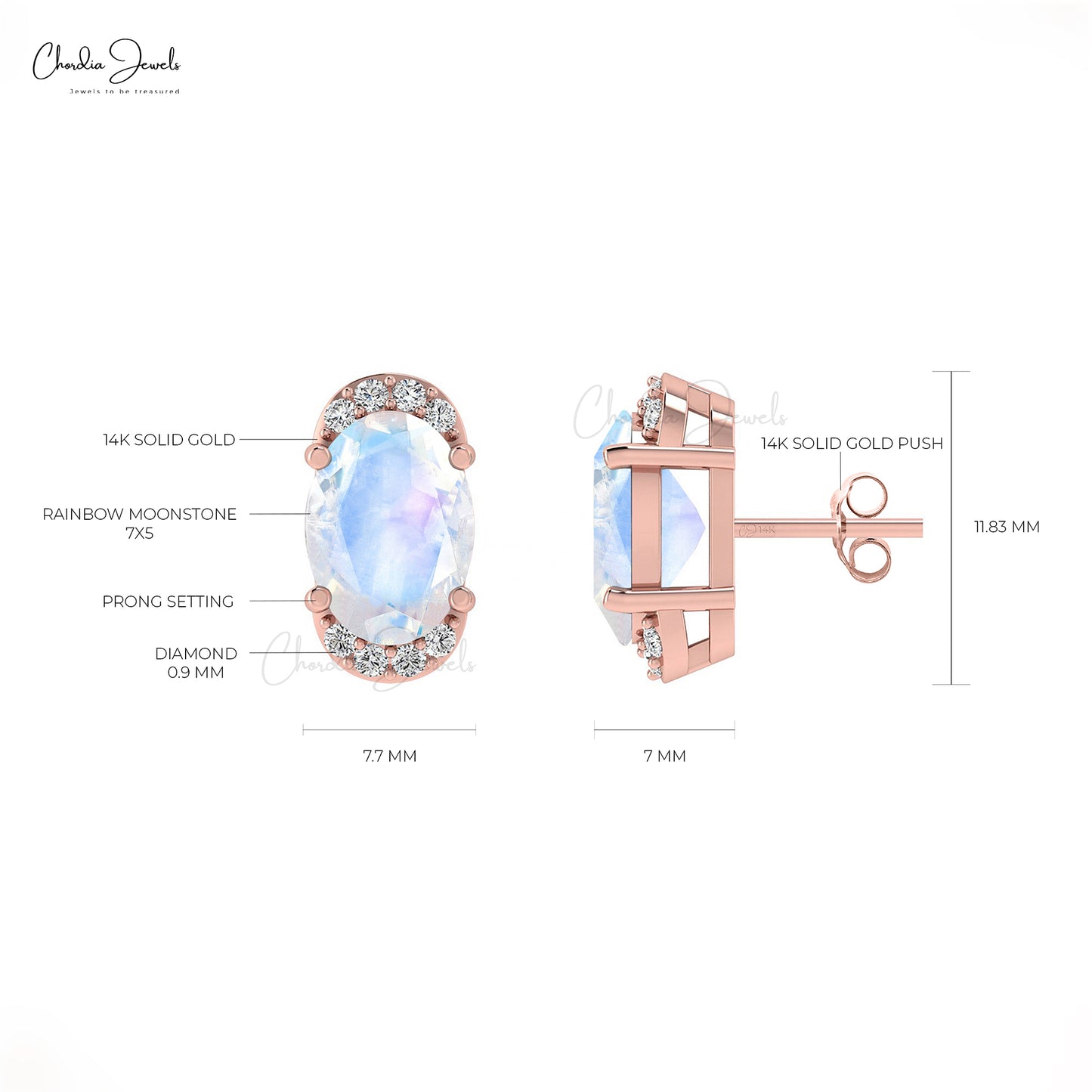 AAA Quality June Birthstone Rainbow Moonstone 14K Gold Diamond Half Halo Stud Earrings