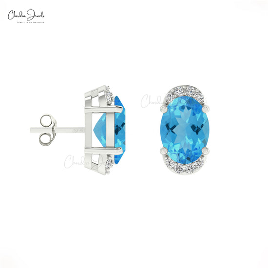 Oval Cut Swiss Blue Topaz 14K Gold Diamond Half Halo Stud Earrings December Birthstone