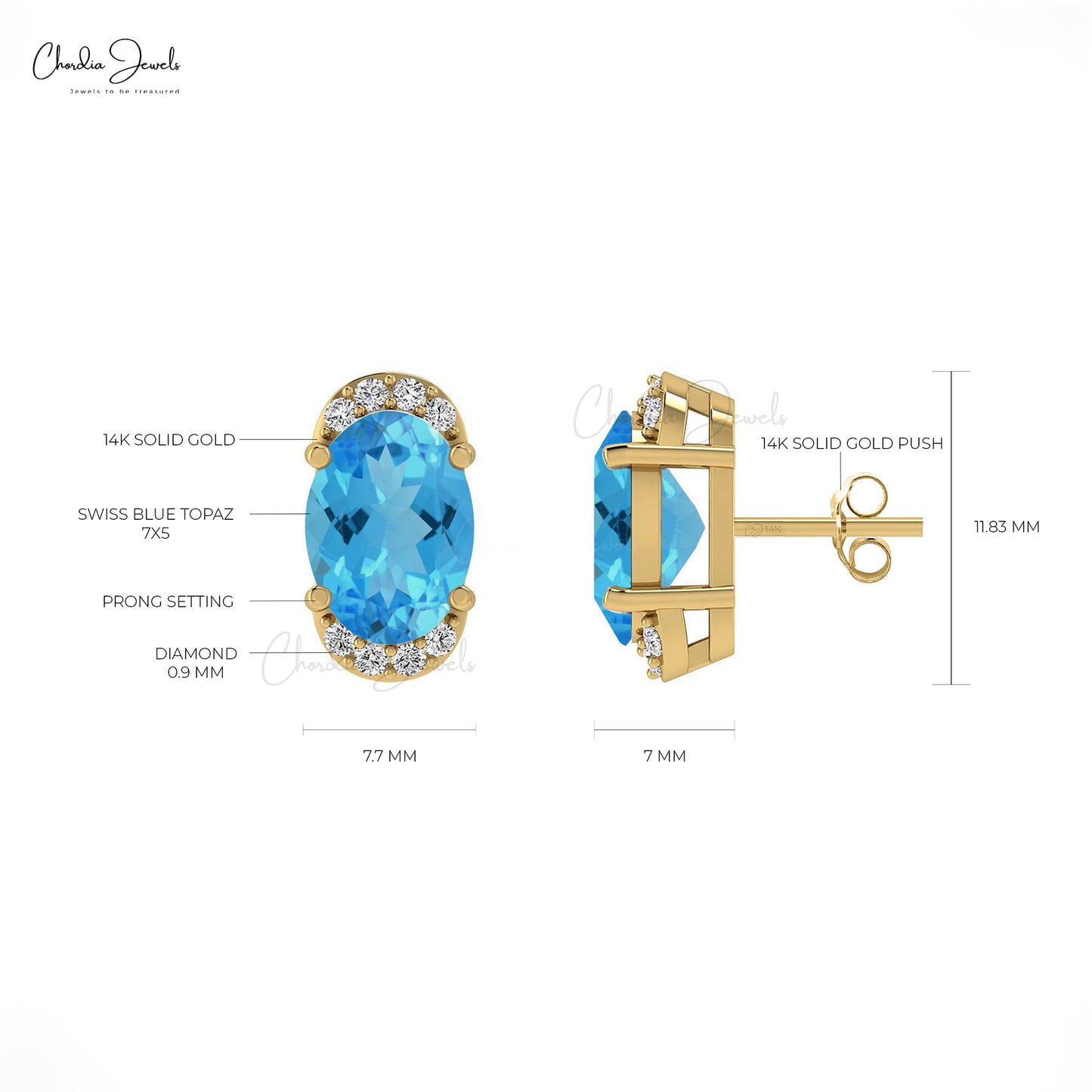 Oval Cut Swiss Blue Topaz 14K Gold Diamond Half Halo Stud Earrings December Birthstone