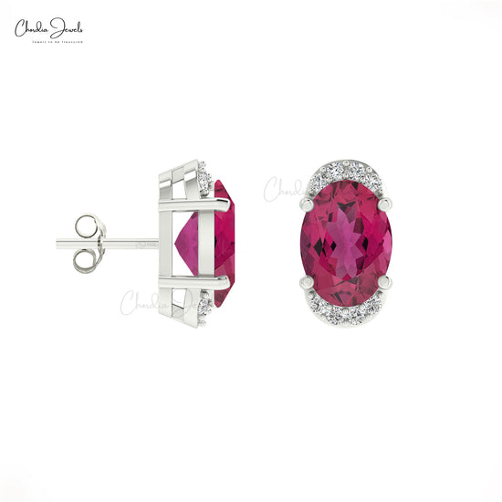 Pink Tourmaline Half Halo Stud Earrings In 14K Solid Gold