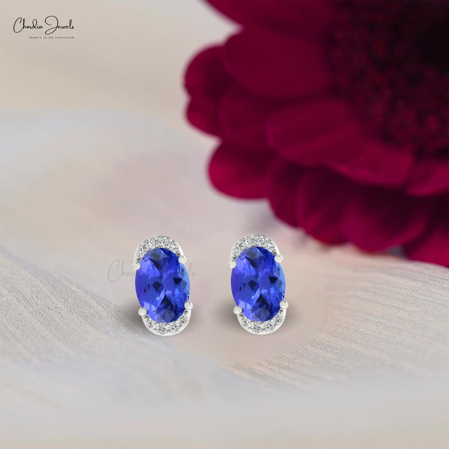 Genuine Tanzanite Half-Halo Studs in 14k Solid Gold Dainty Diamond Earrings Wedding Gift