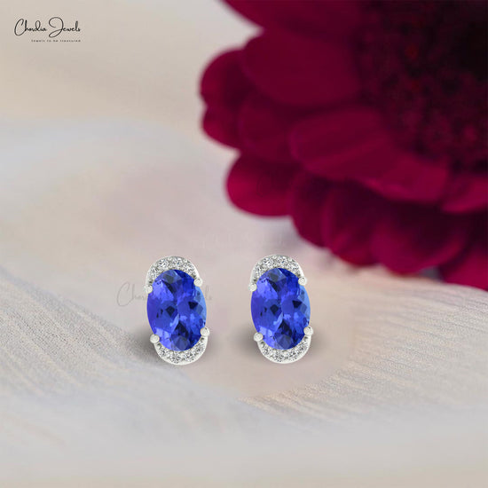 Genuine Tanzanite Half-Halo Studs in 14k Solid Gold Dainty Diamond Earrings Wedding Gift