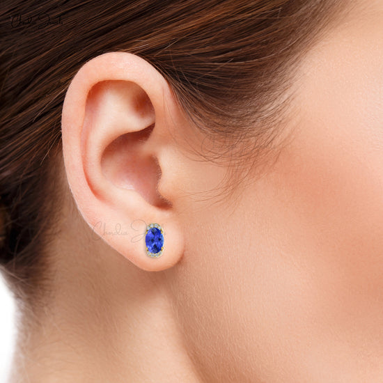 Genuine Tanzanite Half-Halo Studs in 14k Solid Gold Dainty Diamond Earrings Wedding Gift