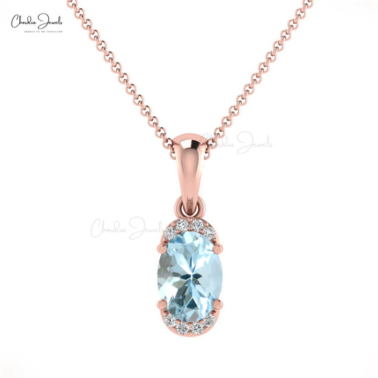 Dainty Diamond Minimal Charm With 7x5mm Aquamarine 14k Solid Gold Half Halo Pendant