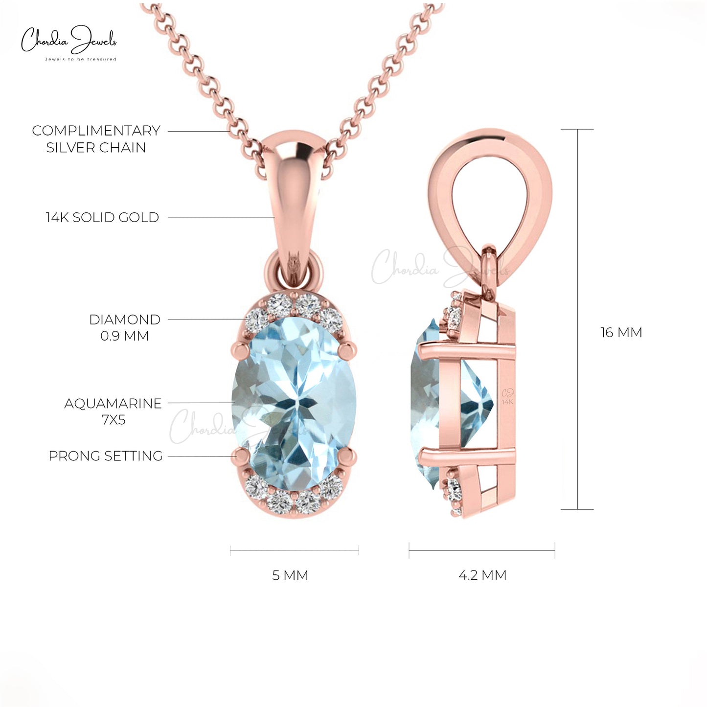 Natural 0.75 Carat Aquamarine Pendant in 14k Solid Gold For Women