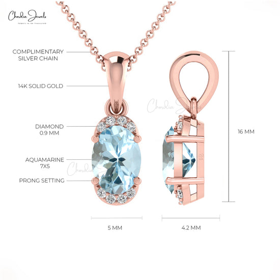 Natural 0.75 Carat Aquamarine Pendant in 14k Solid Gold For Women