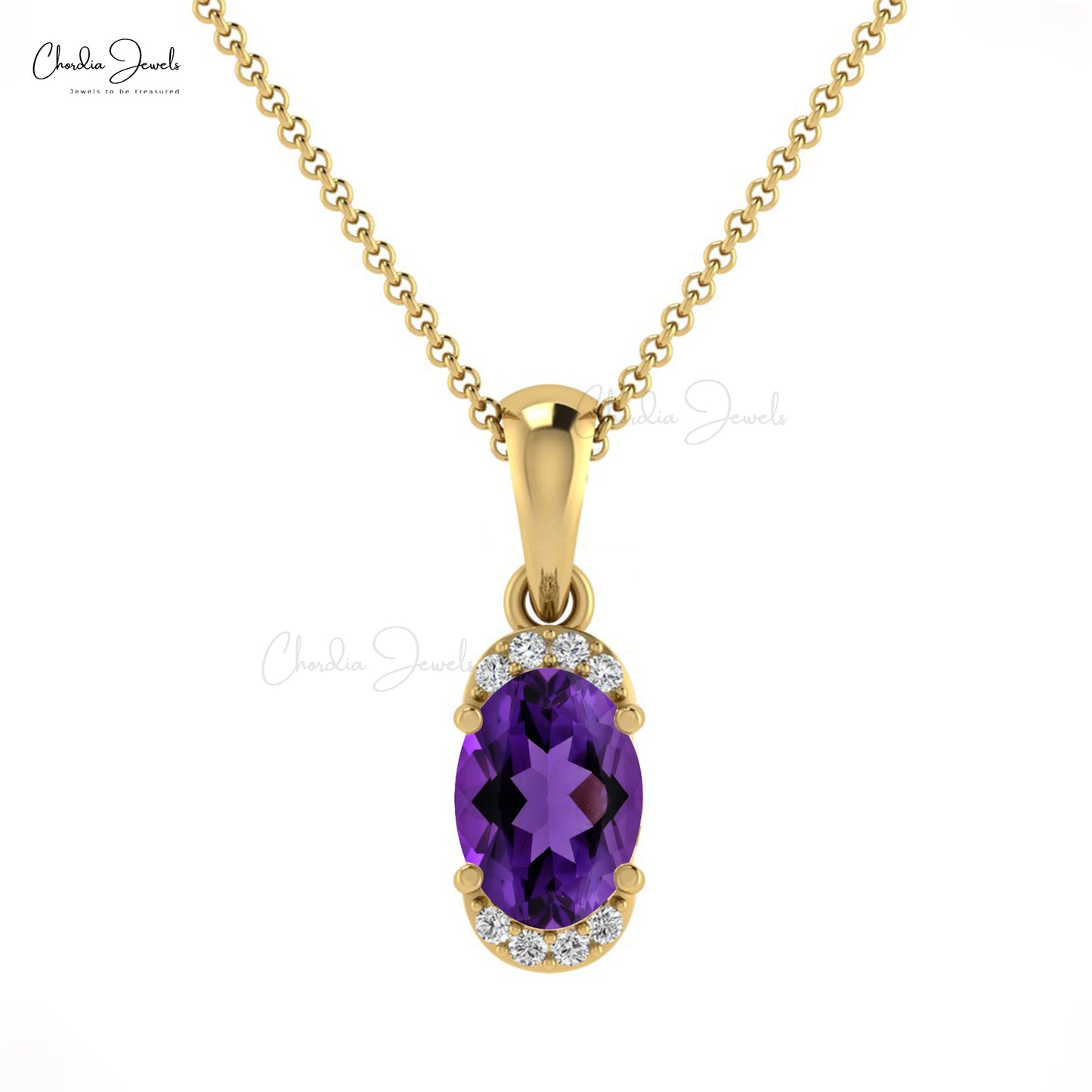 Genuine Amethyst Half Halo Pendant With 7x5mm Gemstone And Diamond 14k Gold Pendant