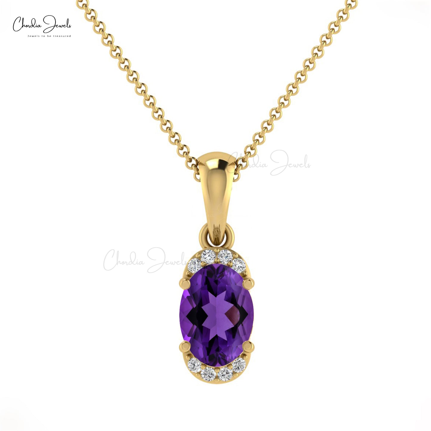 14k Solid Gold Diamond, Natural Amethyst Half Halo Pendant, 7x5mm Oval Cut February Birthstone Pendant Gift for Her