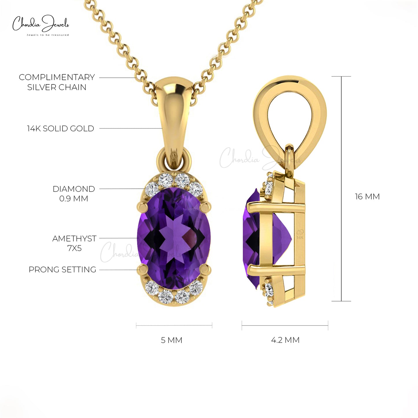 14k Solid Gold Diamond, Natural Amethyst Half Halo Pendant, 7x5mm Oval Cut February Birthstone Pendant Gift for Her
