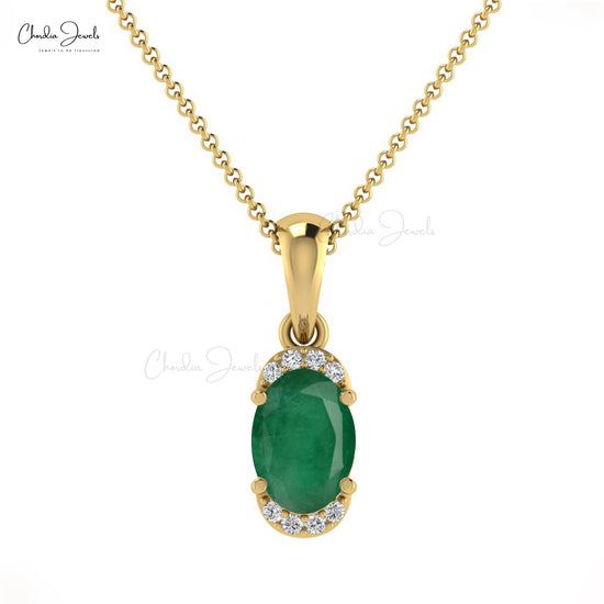 Half Halo Emerald Gemstone Pendant 14k Solid Gold Diamond Pendant For Wedding Gift