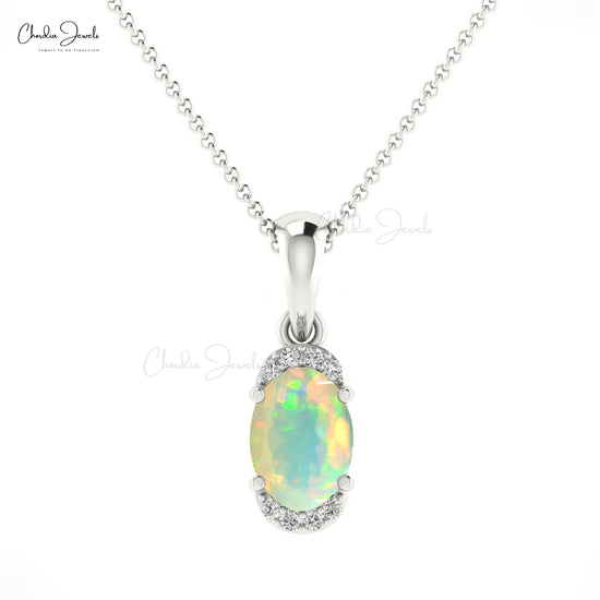 Load image into Gallery viewer, Fine Jewelry Natural Opal 14K Gold G-H Diamond Half Halo Pendant for Gift
