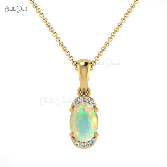 Fine Jewelry Natural Opal 14K Gold G-H Diamond Half Halo Pendant for Gift