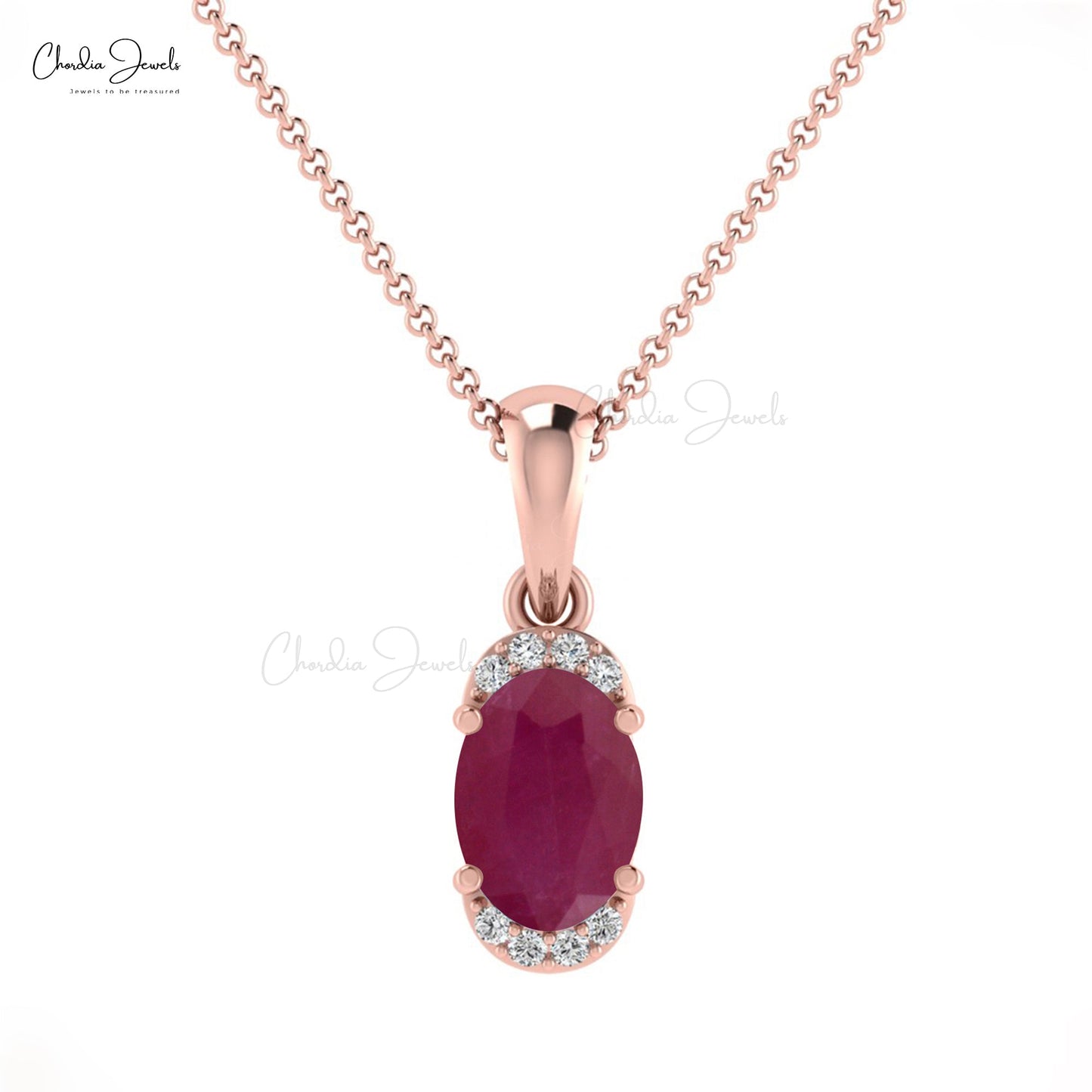 July Birthstone Ruby 14K Gold White Diamond Half Halo Pendant Necklace