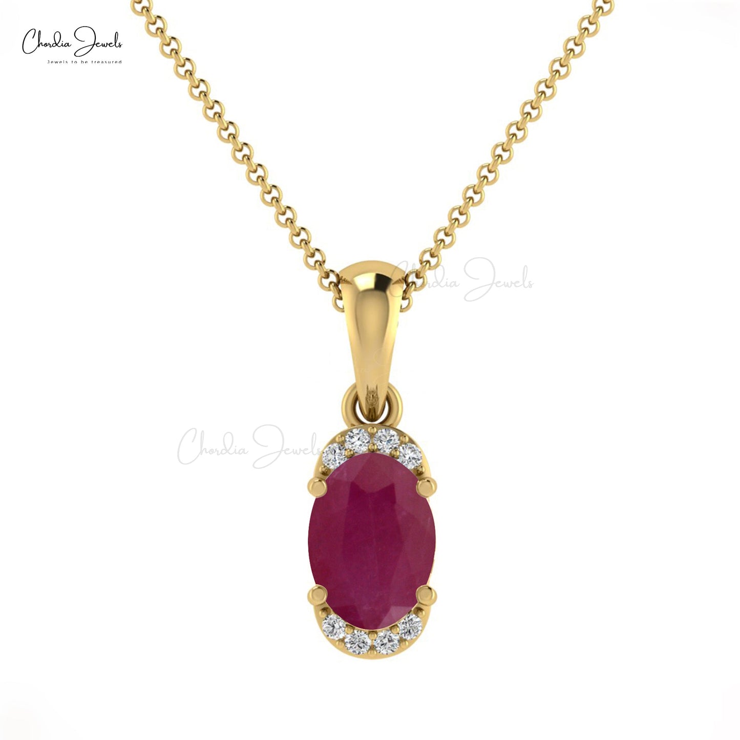 July Birthstone Ruby 14K Gold White Diamond Half Halo Pendant Necklace