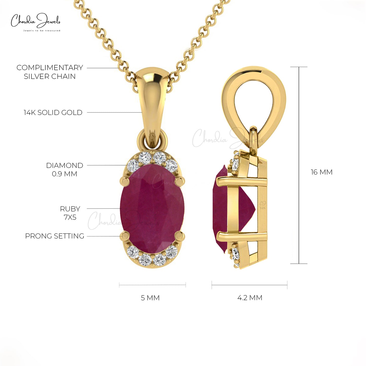 July Birthstone Ruby 14K Gold White Diamond Half Halo Pendant Necklace