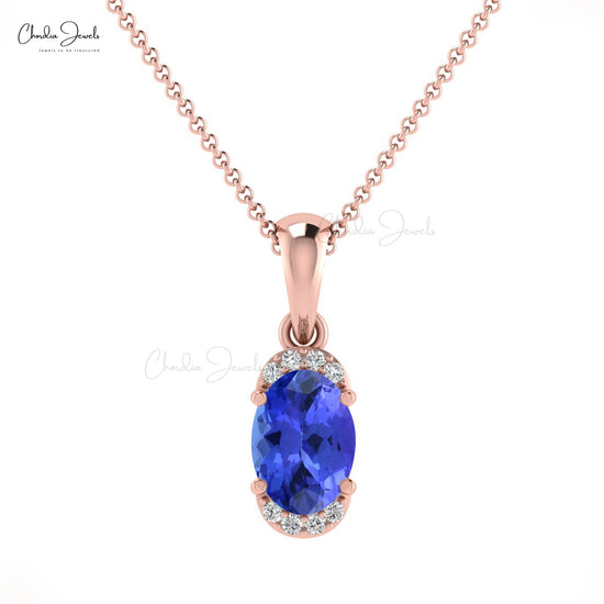 New Fashion Personalized Natural White Diamond Half Halo Pendant Necklace Oval Shape Blue Tanzanite Pendant in 14k Pure Gold Anniversary Gift For Wife