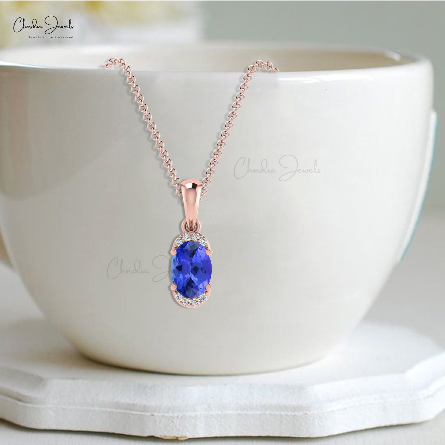 New Fashion Personalized Natural White Diamond Half Halo Pendant Necklace Oval Shape Blue Tanzanite Pendant in 14k Pure Gold Anniversary Gift For Wife