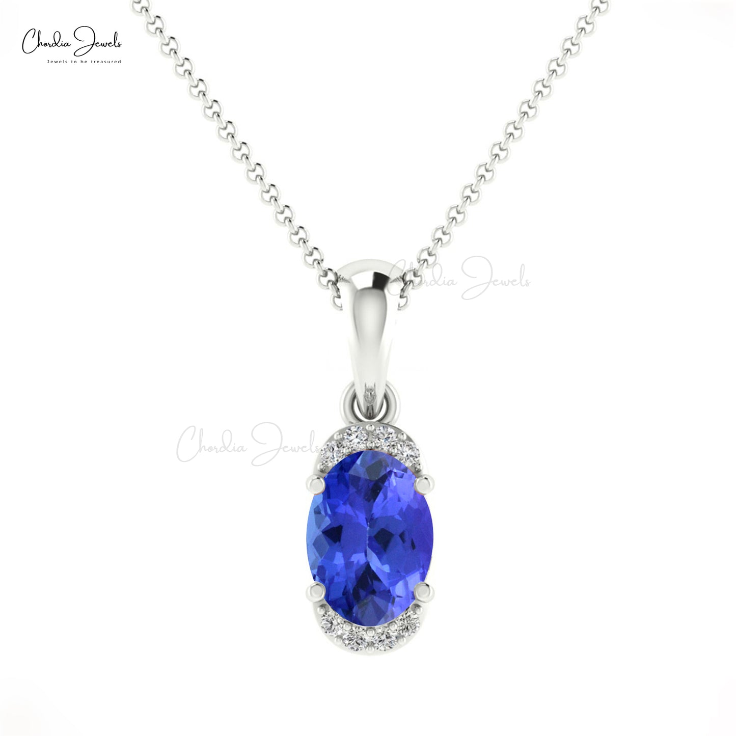 New Fashion Personalized Natural White Diamond Half Halo Pendant Necklace Oval Shape Blue Tanzanite Pendant in 14k Pure Gold Anniversary Gift For Wife