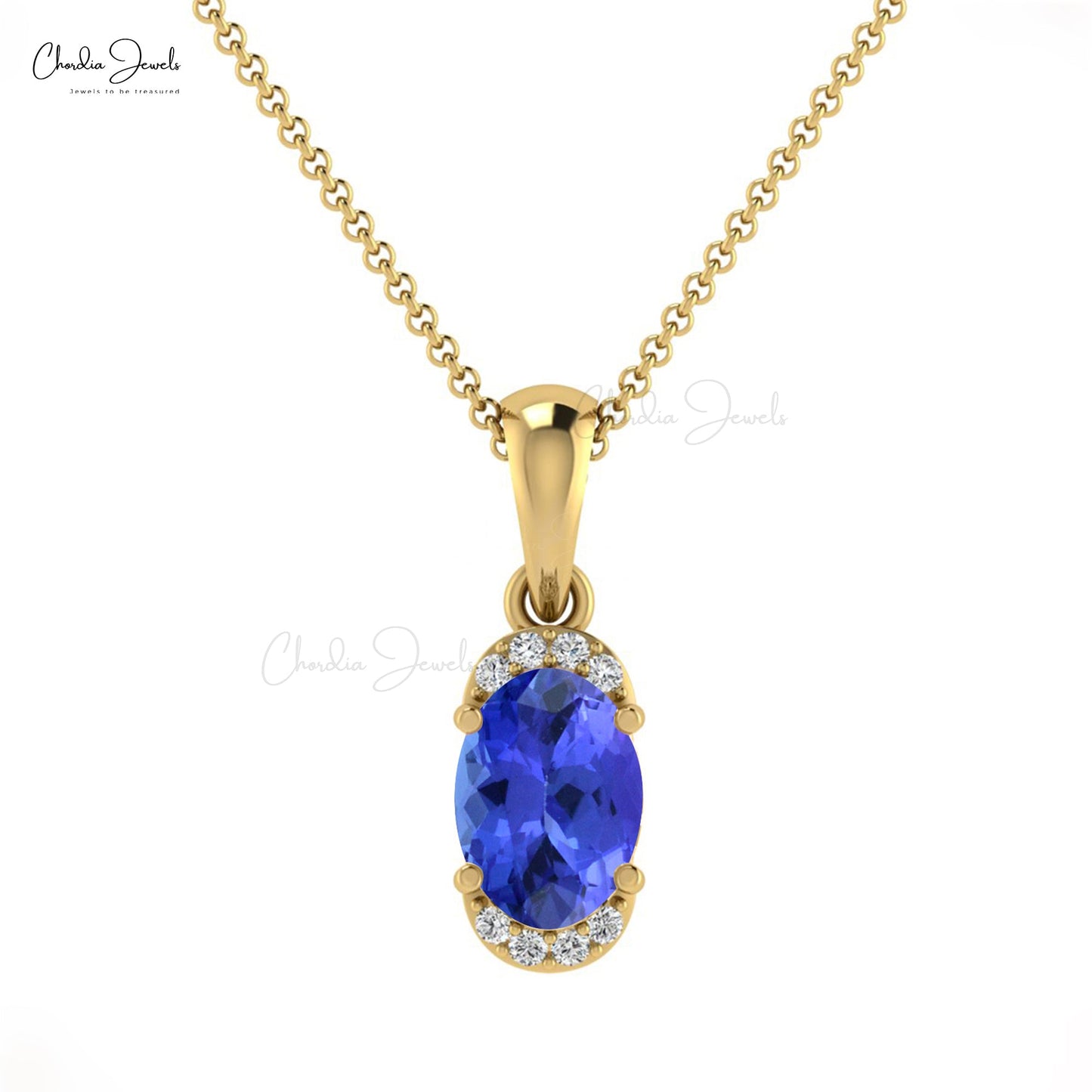 New Fashion Personalized Natural White Diamond Half Halo Pendant Necklace Oval Shape Blue Tanzanite Pendant in 14k Pure Gold Anniversary Gift For Wife