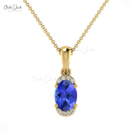 Load image into Gallery viewer, New Fashion Personalized Natural White Diamond Half Halo Pendant Necklace Oval Shape Blue Tanzanite Pendant in 14k Pure Gold Anniversary Gift For Wife
