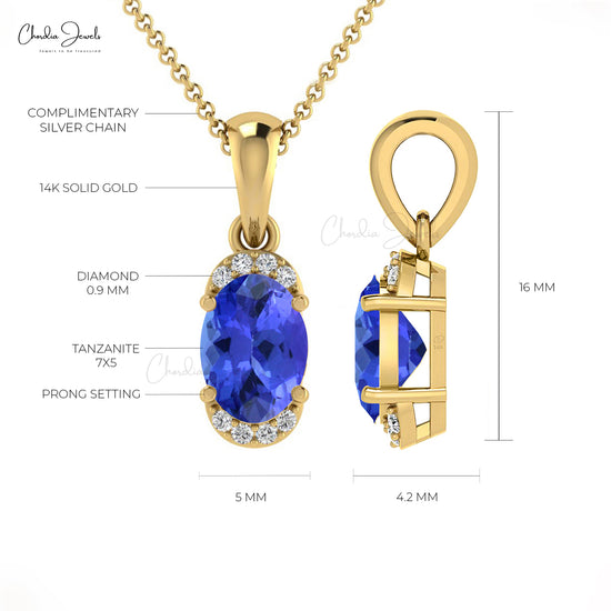 New Fashion Personalized Natural White Diamond Half Halo Pendant Necklace Oval Shape Blue Tanzanite Pendant in 14k Pure Gold Anniversary Gift For Wife