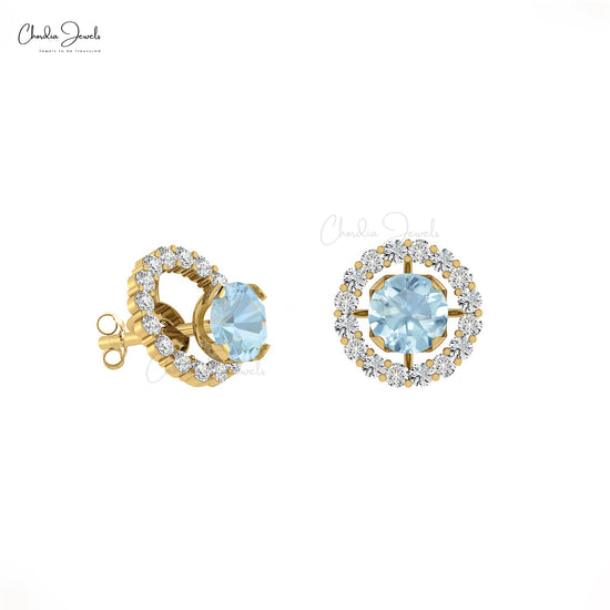 Round Natural Aquamarine and Diamond Halo Earrings for Women in 14K Gold