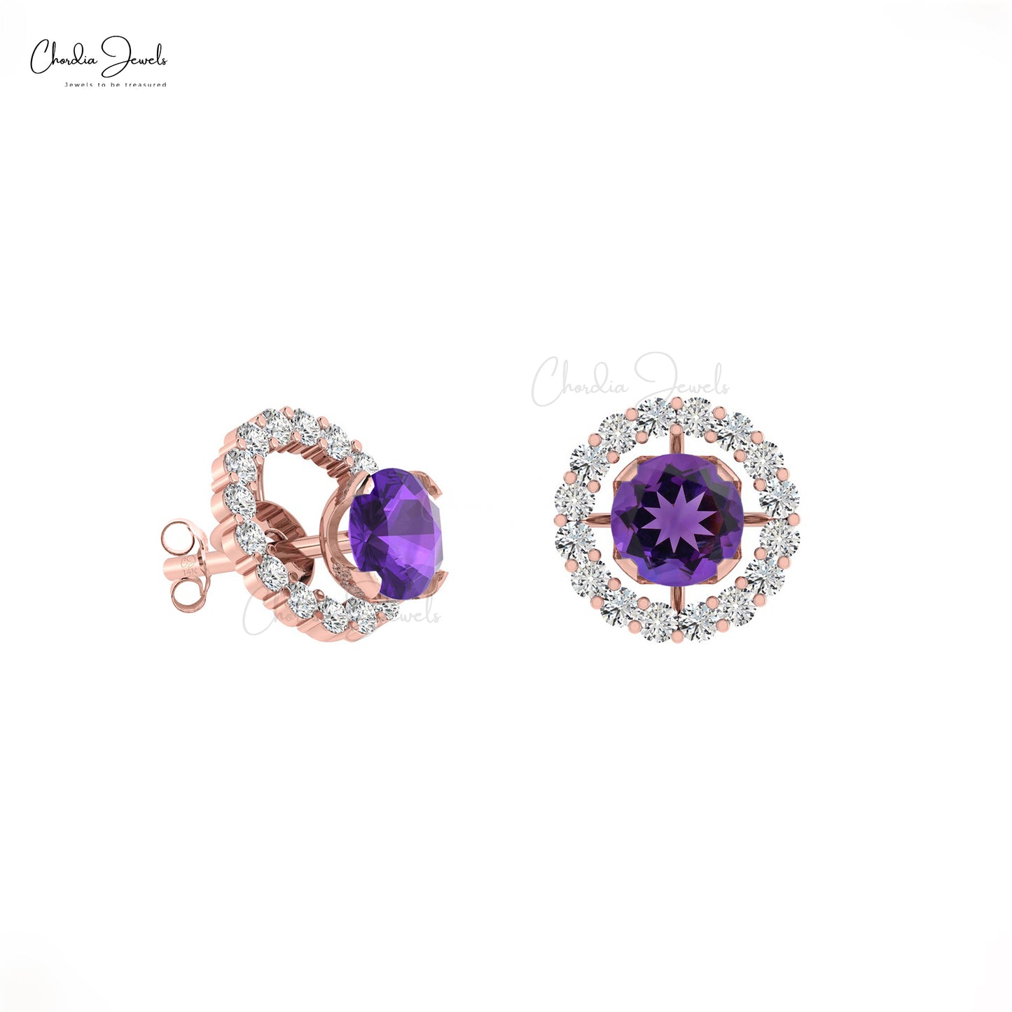 Natural Amethyst stud & Diamond Halo Earrings In 14k Rose Gold