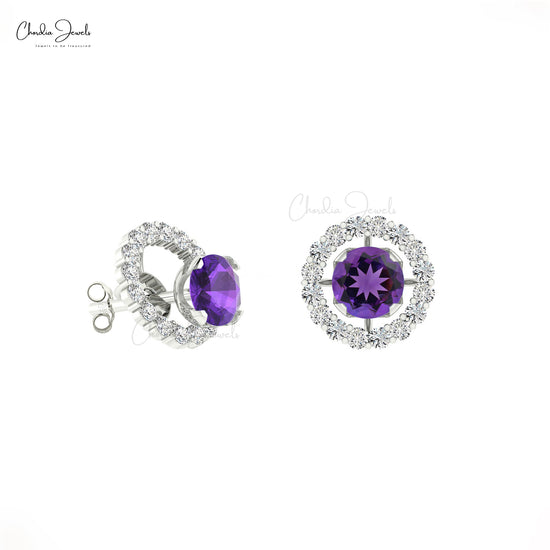 Natural Amethyst stud & Diamond Halo Earrings In 14k Gold