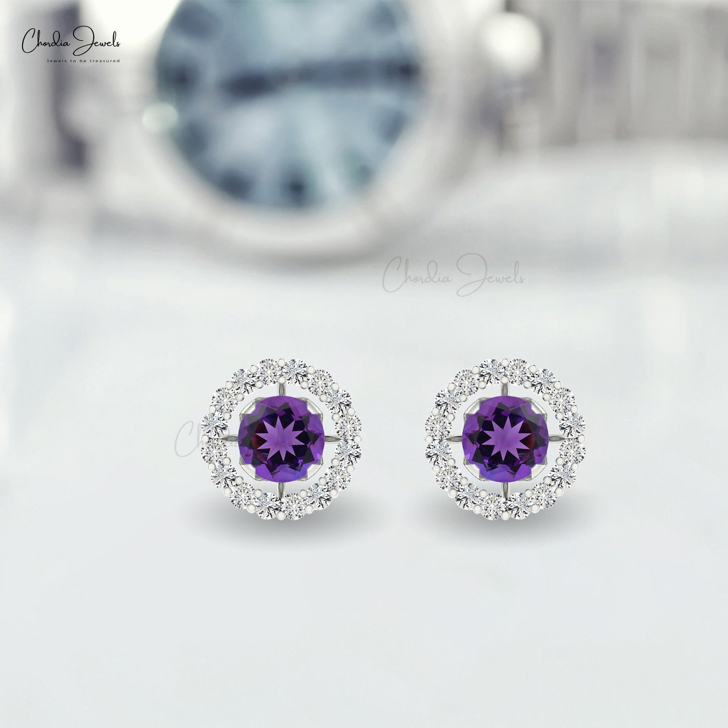 Natural Amethyst stud & Diamond Halo Earrings In 14k White Gold