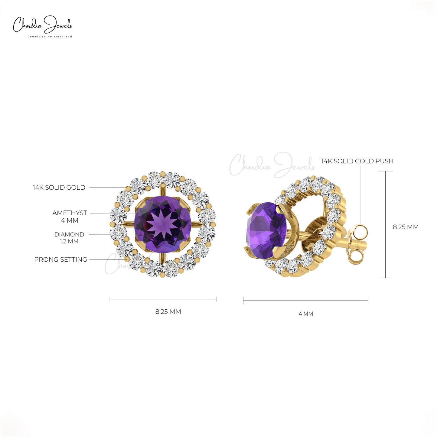 Natural Amethyst stud & Diamond Halo Earrings In 14k Gold
