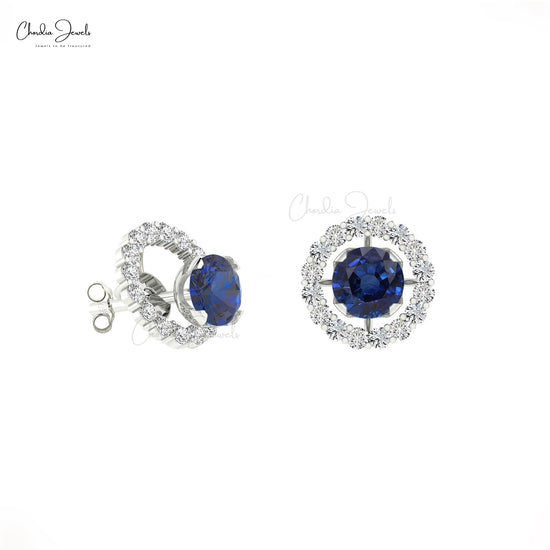 Natural Blue Sapphire & Diamond Halo Earrings 14k Gold Jewelry For Wedding
