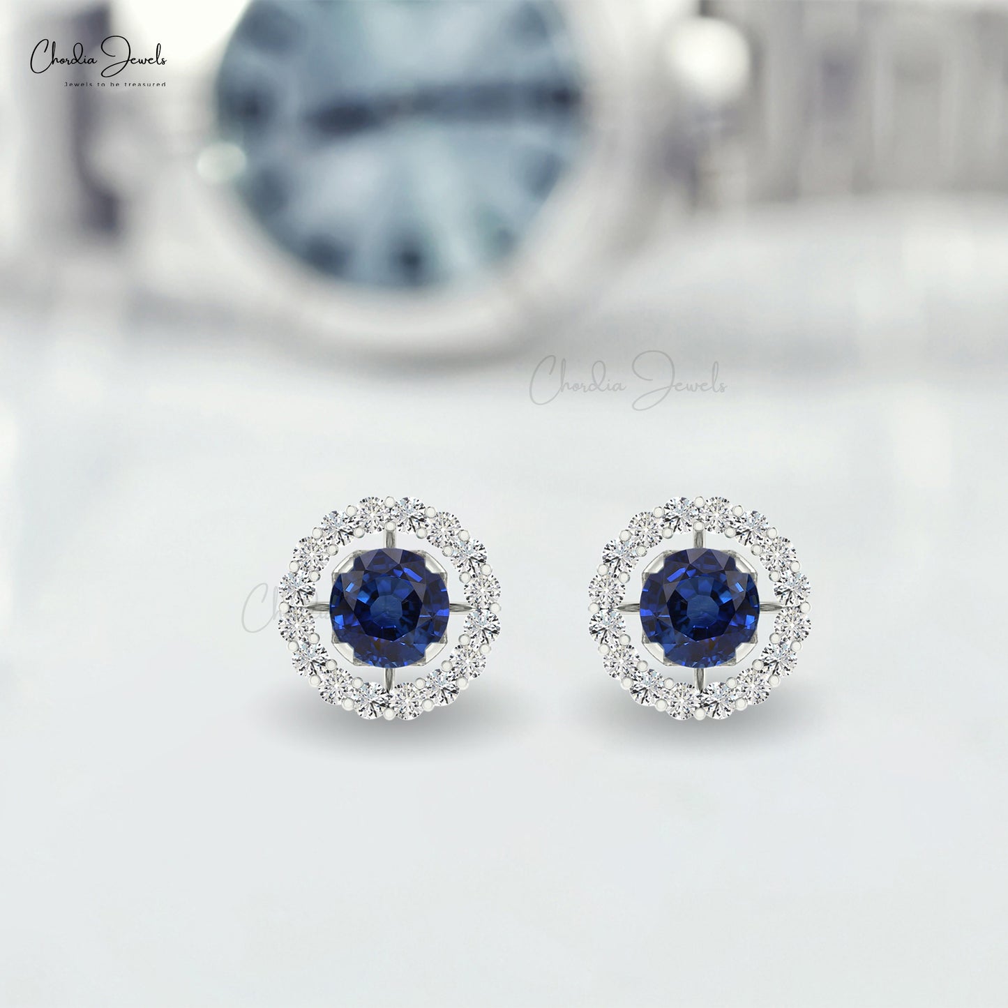 Natural Blue Sapphire & Diamond Halo Earrings 14k Gold Jewelry For Wedding
