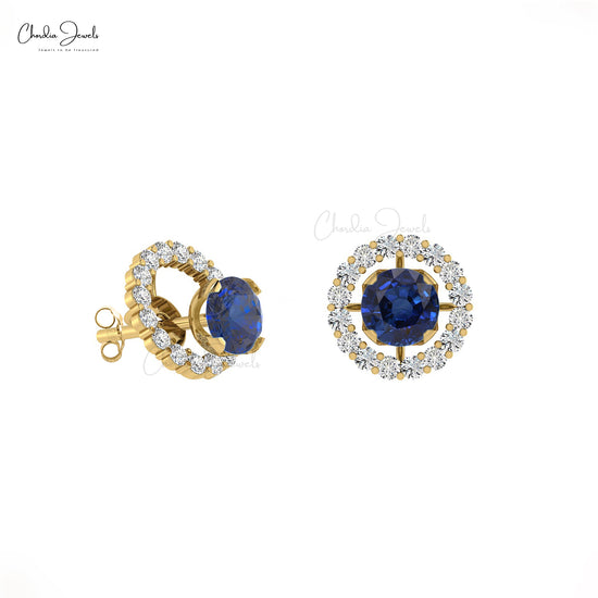 Natural Blue Sapphire & Diamond Halo Earrings 14k Gold Jewelry For Wedding