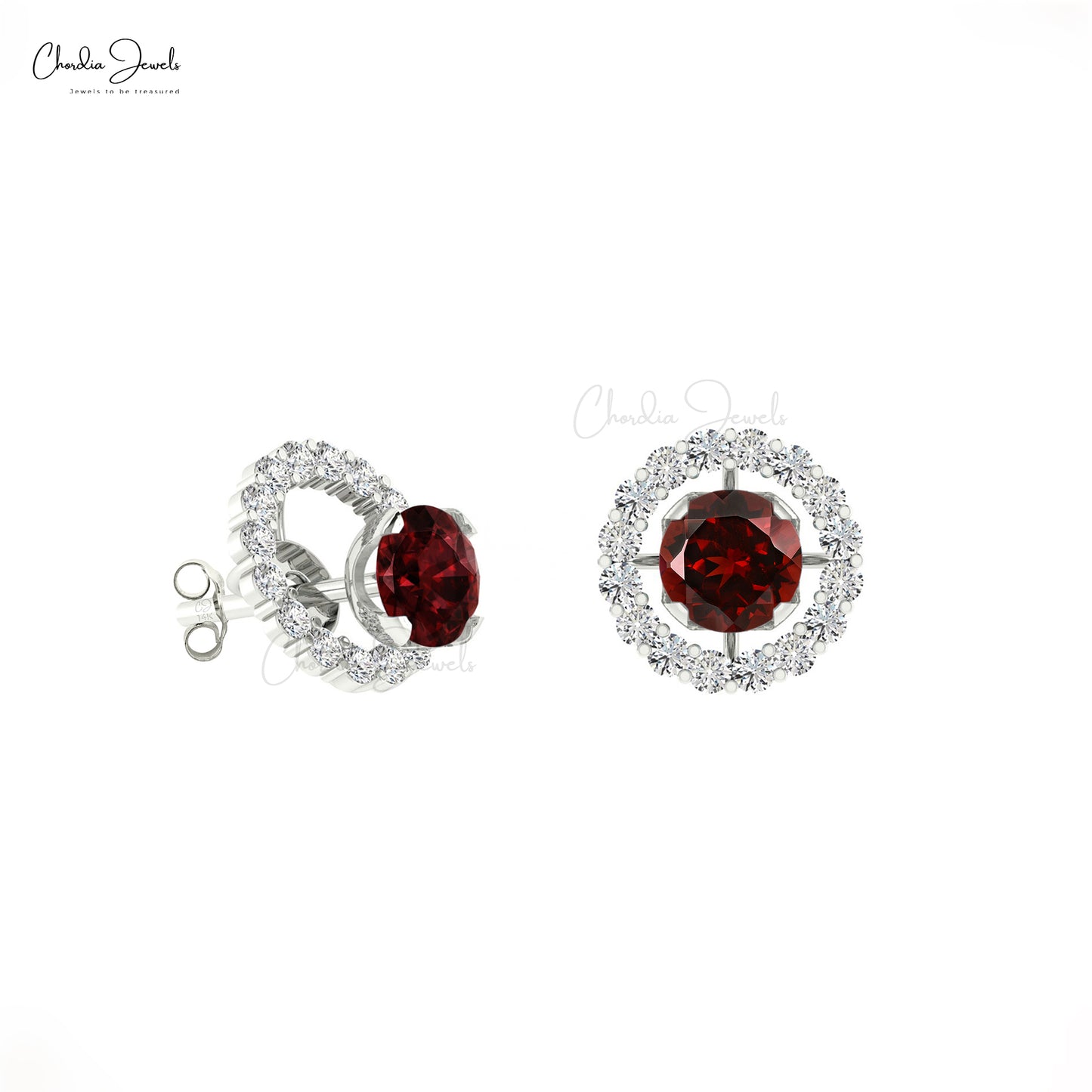 Genuine Round Brilliant Cut Garnet And Diamond Halo Detachable Earrings In 14K Gold