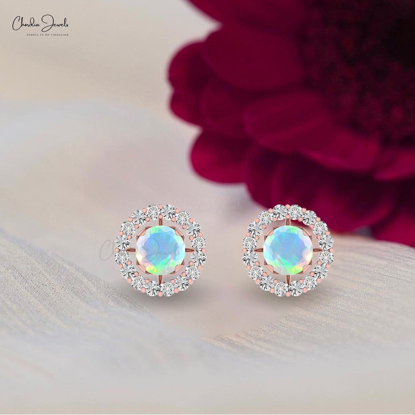 Load image into Gallery viewer, Ethiopian Opal And Real White Diamond 14K Solid Gold Halo Detachable Earrings October Birthstone
