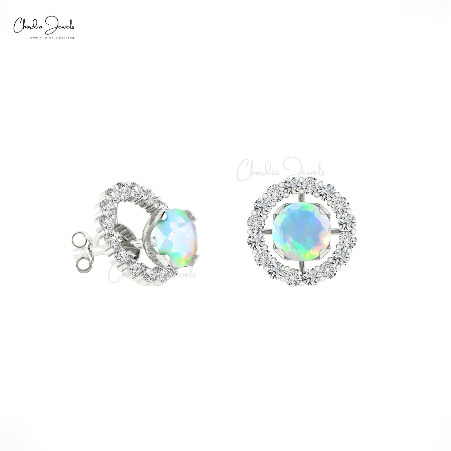 Ethiopian Opal And Real White Diamond 14K Solid Gold Halo Detachable Earrings October Birthstone