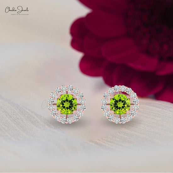 Authentic Green Peridot & G-H Diamond Halo Earring 14k Gold Detachable Stud for Women