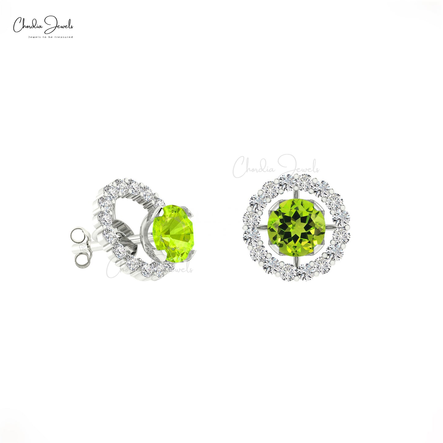 Authentic Green Peridot & G-H Diamond Halo Earring 14k Gold Detachable Stud for Women