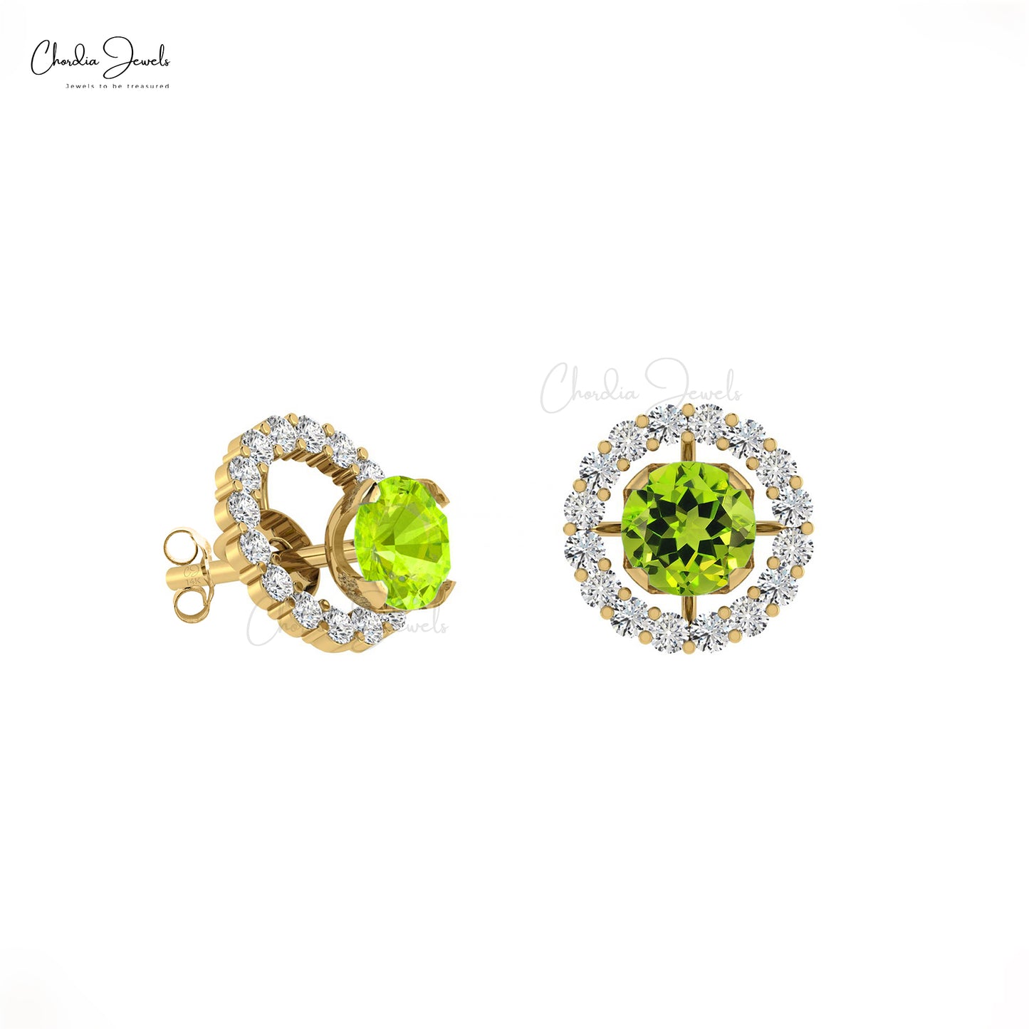 Authentic Green Peridot & G-H Diamond Halo Earring 14k Gold Detachable Stud for Women
